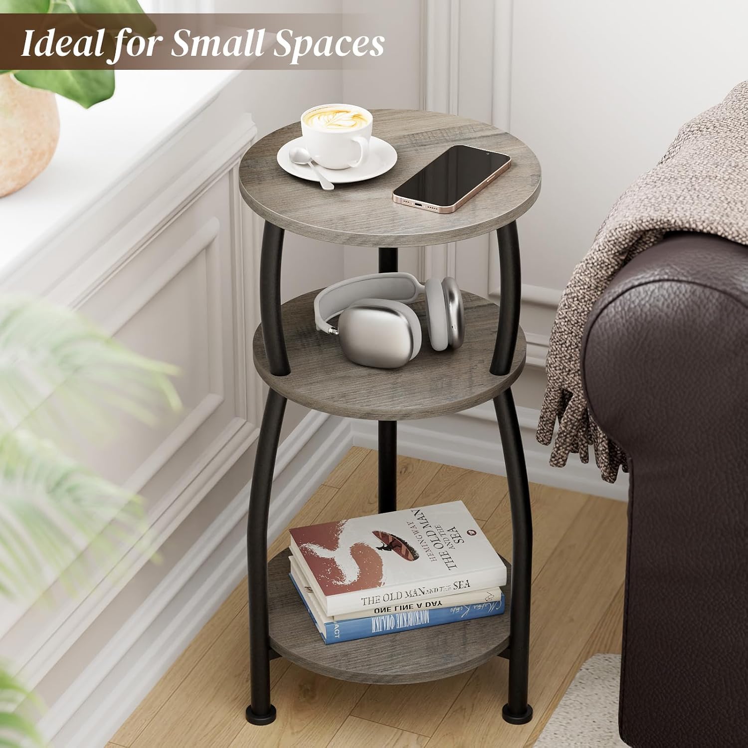 Small Round Side Table, 3-Tier End Table with Storage Shelf, Slim Sofa Table Coffee Table, Sturdy & Easy Assemble Nightstand for Small Spaces, Living Room Bedroom Corner, Grey